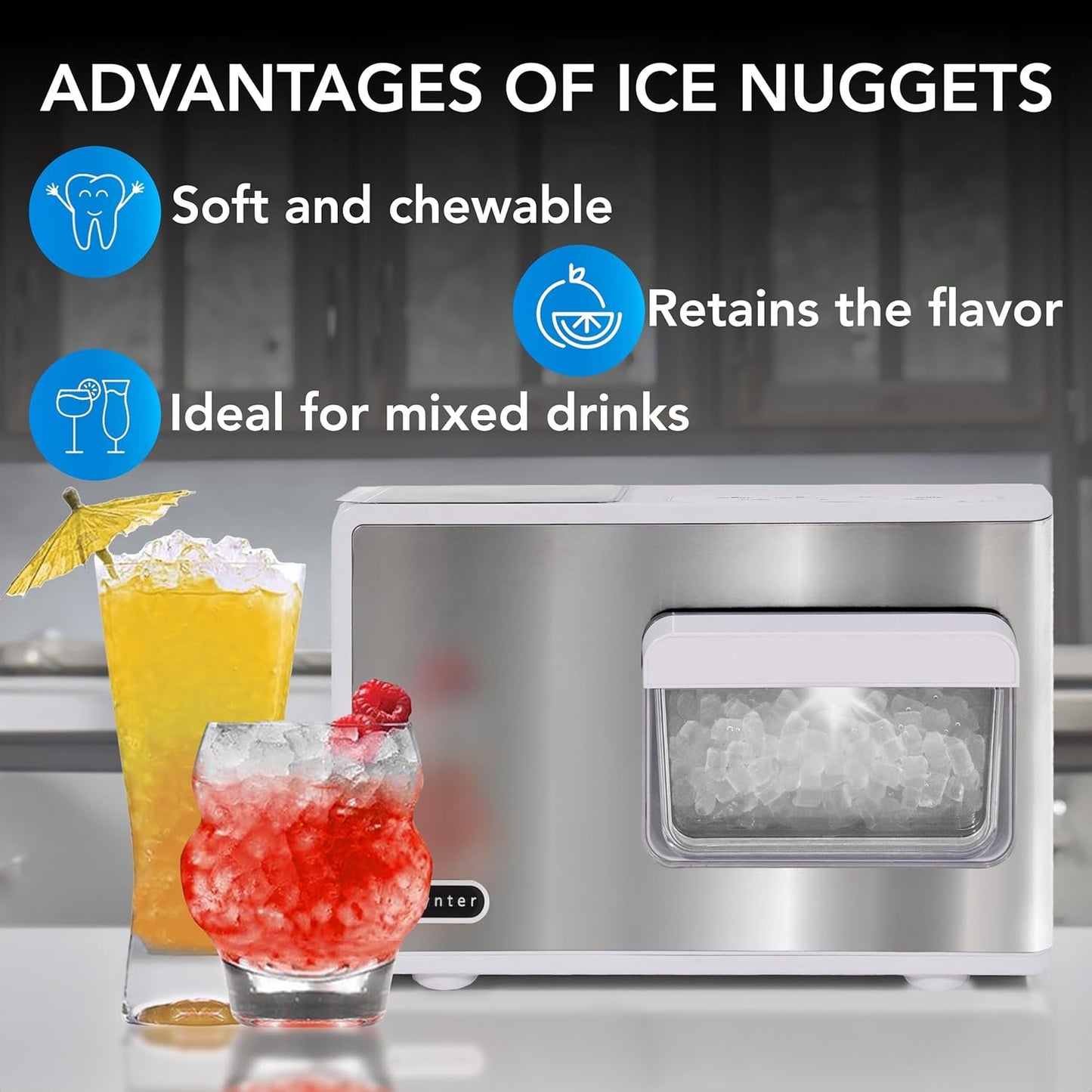 Whynter Nugget Ice Maker, Countertop Portable Ice Maker, IBX-388WS SonicSnö, Automatic Self-Cleaning with Removable Ice Drawer Compact Ice Maker for Home Bar, 40 lbs/24H, Stainless Steel and White
