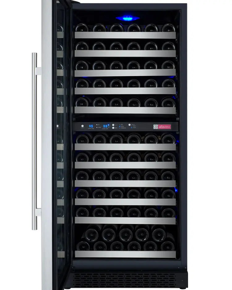 Allavino 24" Wide FlexCount II Tru-Vino 121 Bottle Dual Zone Stainless Steel Left Hinge Wine Refrigerator