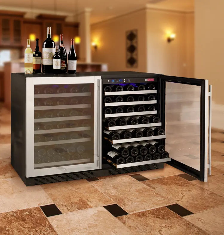 Allavino FlexCount Series 112 Bottle Dual-Zone Undercounter Side-by-Side Wine Refrigerators with Stainless Steel Doors