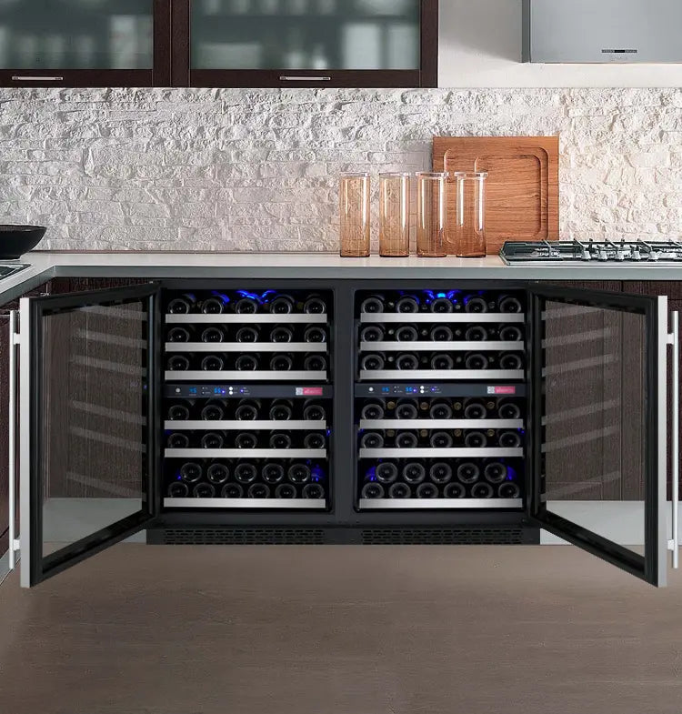 Allavino FlexCount Series 112 Bottle Four Zone Undercounter Side-by-Side Wine Refrigerators with Stainless Steel Doors