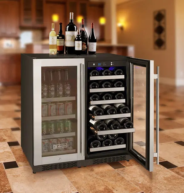 Allavino FlexCount Series 30 Bottle/88 Can Dual Zone Side-by-Side Wine Refrigerator/Beverage Center with Stainless Steel Doors