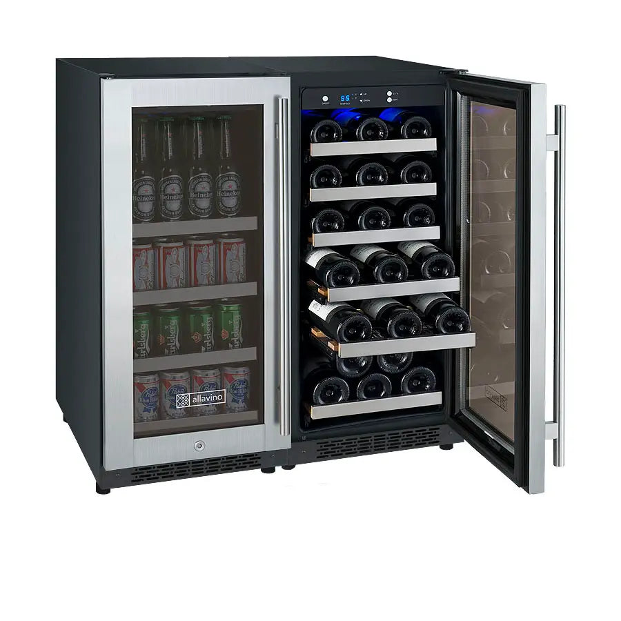 Allavino FlexCount Series 30 Bottle/88 Can Dual Zone Side-by-Side Wine Refrigerator/Beverage Center with Stainless Steel Doors