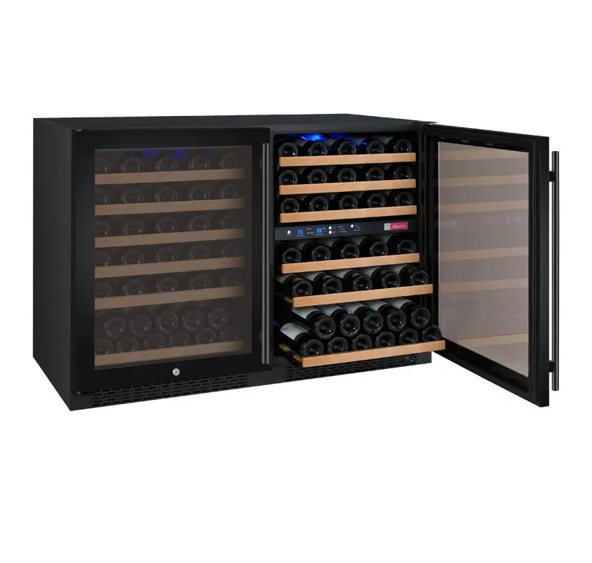 Allavino FlexCount Series 112 Bottle Three Zone built-in Side-by-Side Wine Refrigerators with Black Doors