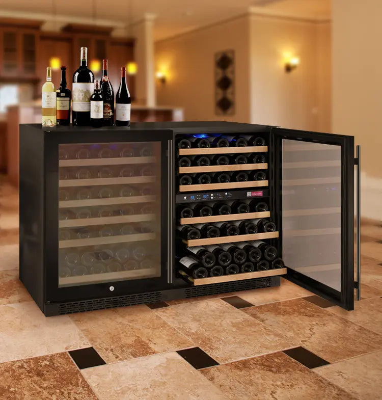 Allavino FlexCount Series 112 Bottle Three Zone built-in Side-by-Side Wine Refrigerators with Black Doors