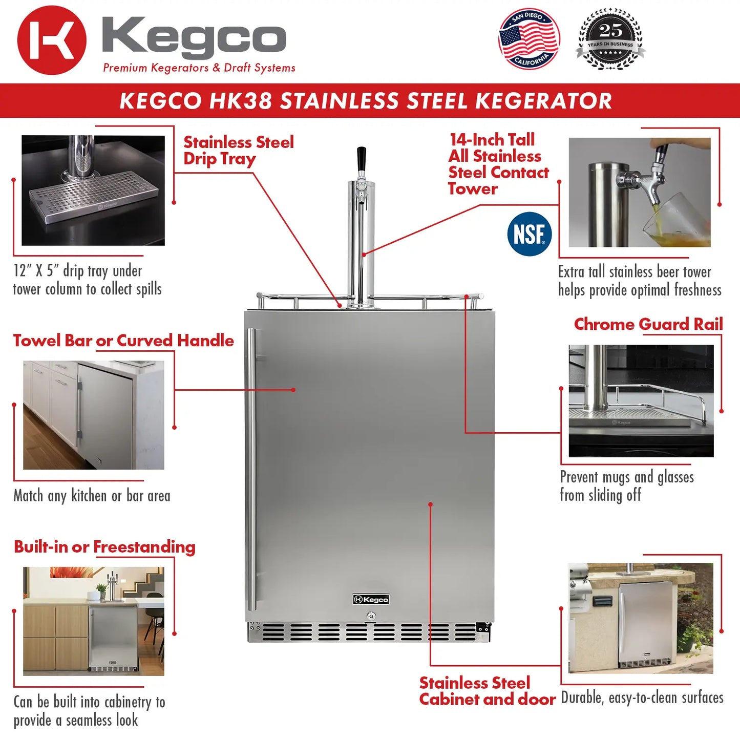 Kegco 24" Wide Single Tap Stainless Steel Built-In Right Hinge Kegerator with Kit