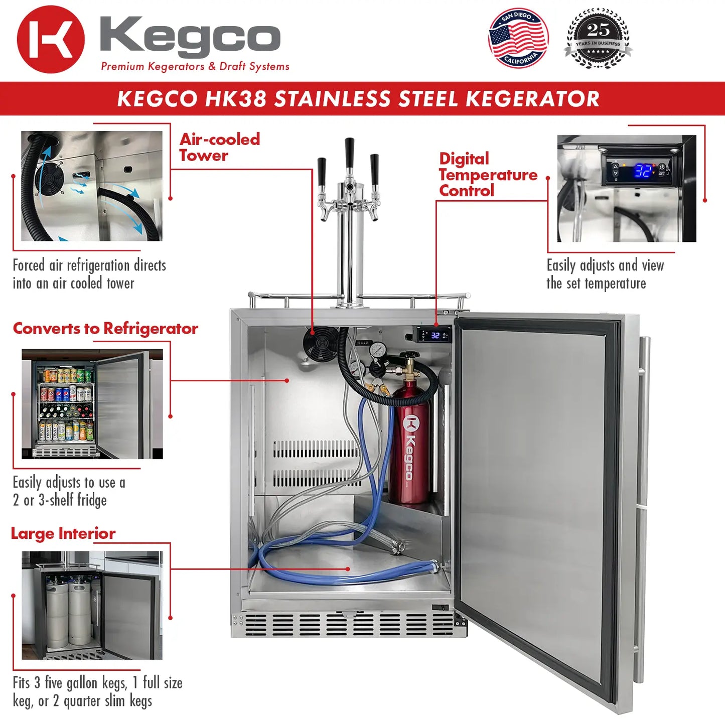 Kegco 24" Wide Triple Tap Stainless Steel Built-In Right Hinge Kegerator with Kit