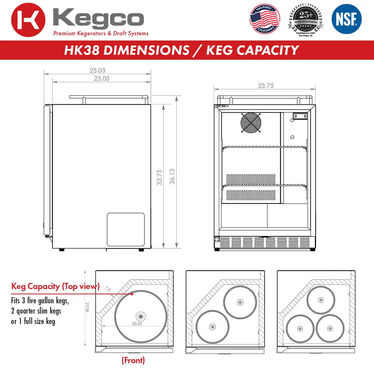 Kegco 24" Wide Triple Tap Stainless Steel Built-In Right Hinge Kegerator with Kit