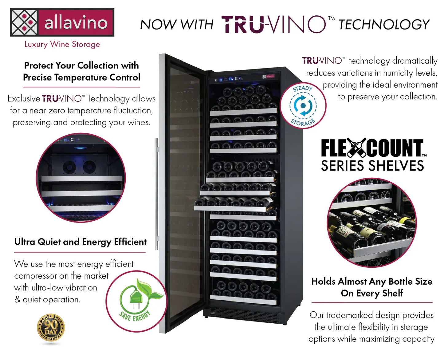 Allavino 24" Wide FlexCount II Tru-Vino 177 Bottle Single Zone Stainless Steel Left Hinge Wine Refrigerator