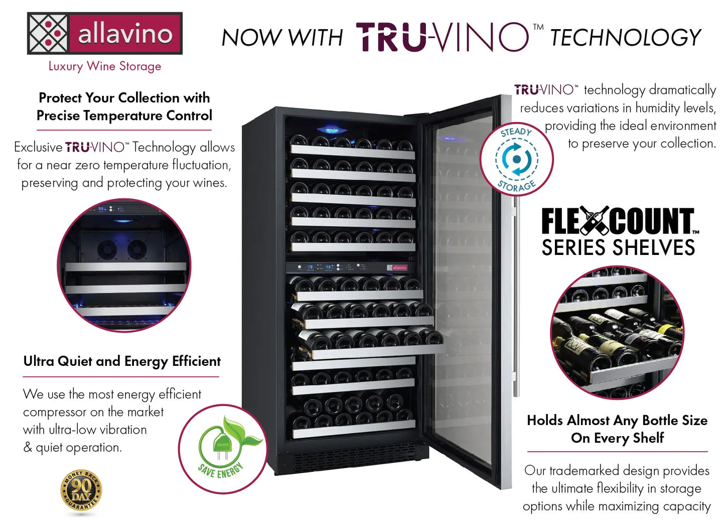 Allavino FlexCount Series 242 Bottle Four Zone Built-in Side-by-Side Wine Refrigerators with Stainless Steel doors