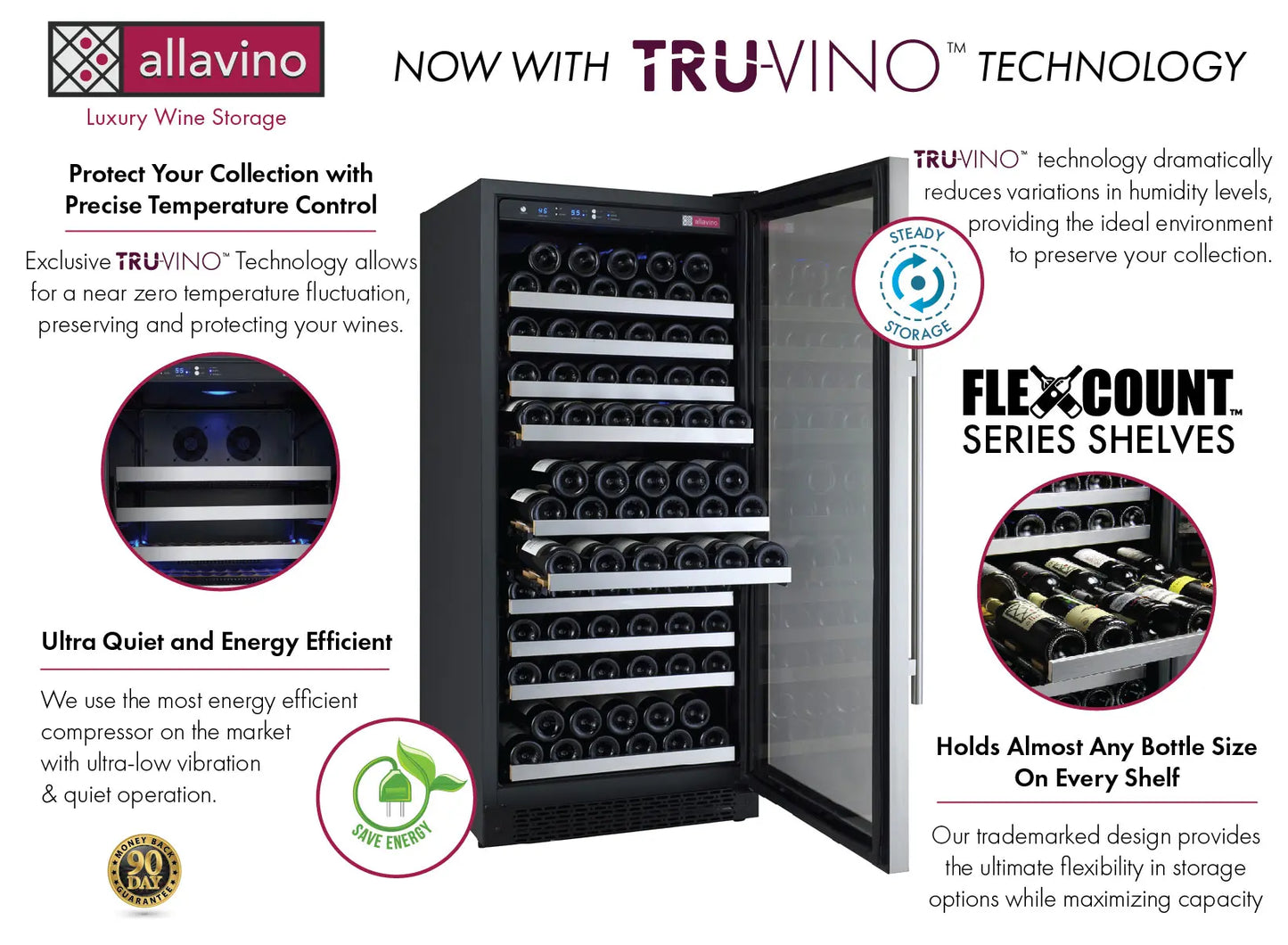 Allavino 24" Wide FlexCount II Tru-Vino 128 Bottle Single Zone Stainless Steel Right Hinge Wine Refrigerator