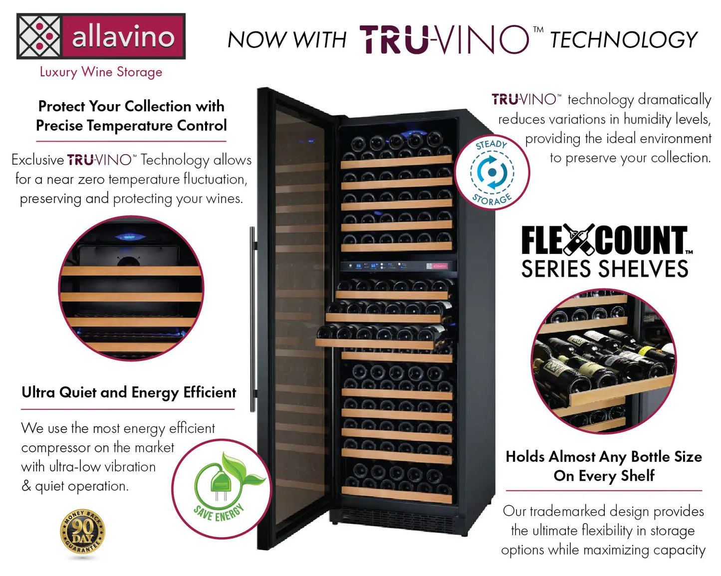 Allavino 24" Wide FlexCount II Tru-Vino 172 Bottle Dual Zone Black Left Hinge Wine Refrigerator