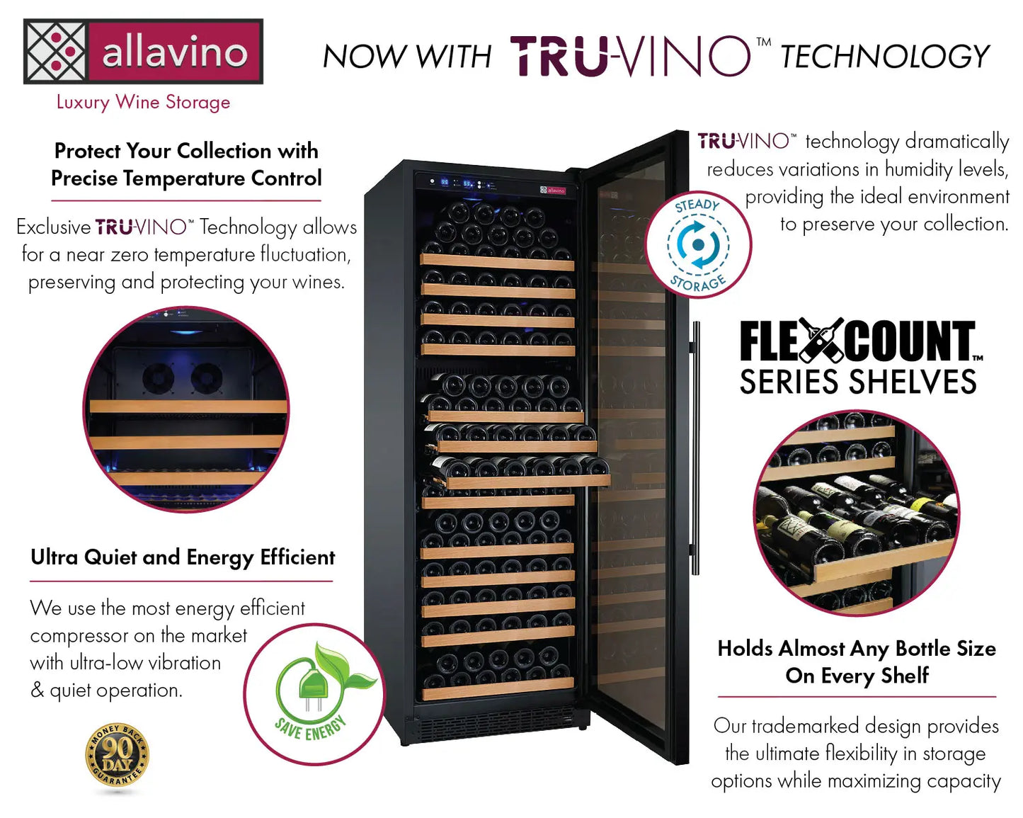 Allavino FlexCount Series 349 Bottle Three Zone Tall Side-by-Side Wine Refrigerators with Black Doors