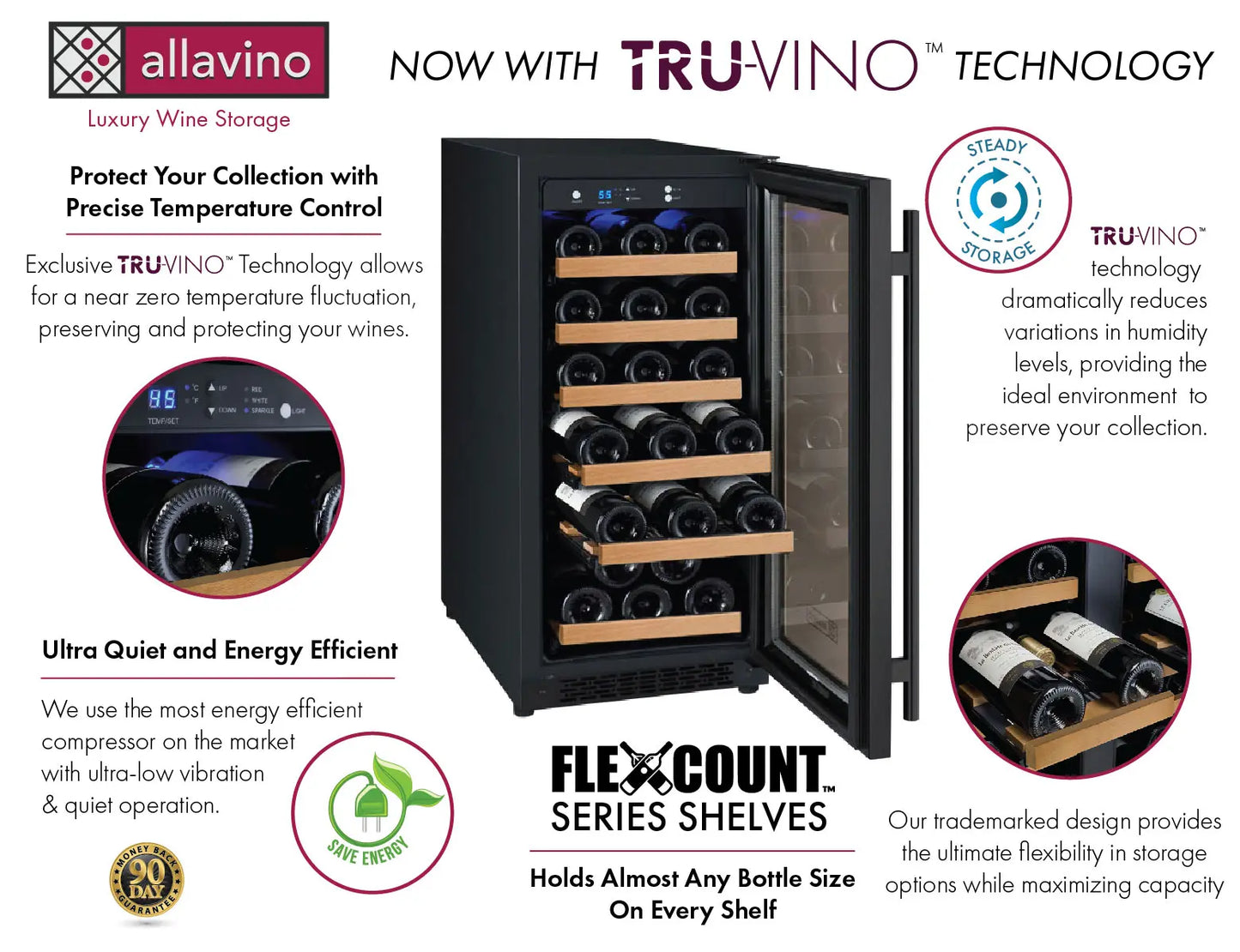 Allavino 15" Wide FlexCount II Tru-Vino 30 Bottle Single Zone Stainless Steel Left Hinge Wine Refrigerator