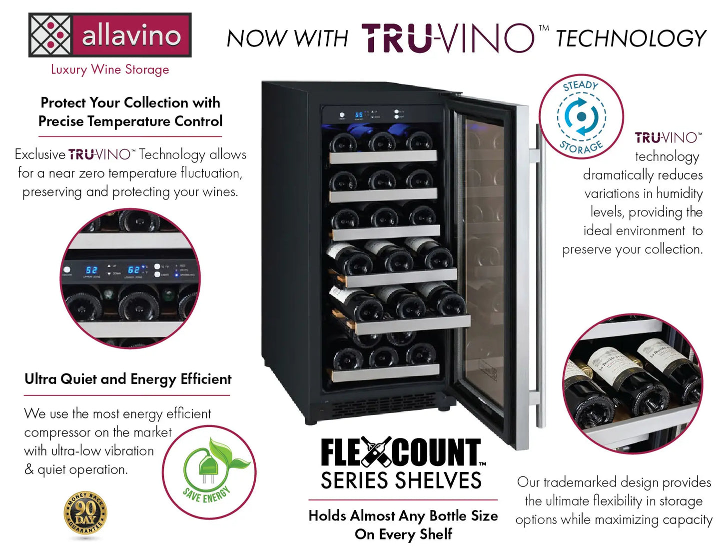 Allavino 15" Wide FlexCount II Tru-Vino 30 Bottle Dual Zone Black Wine Refrigerator