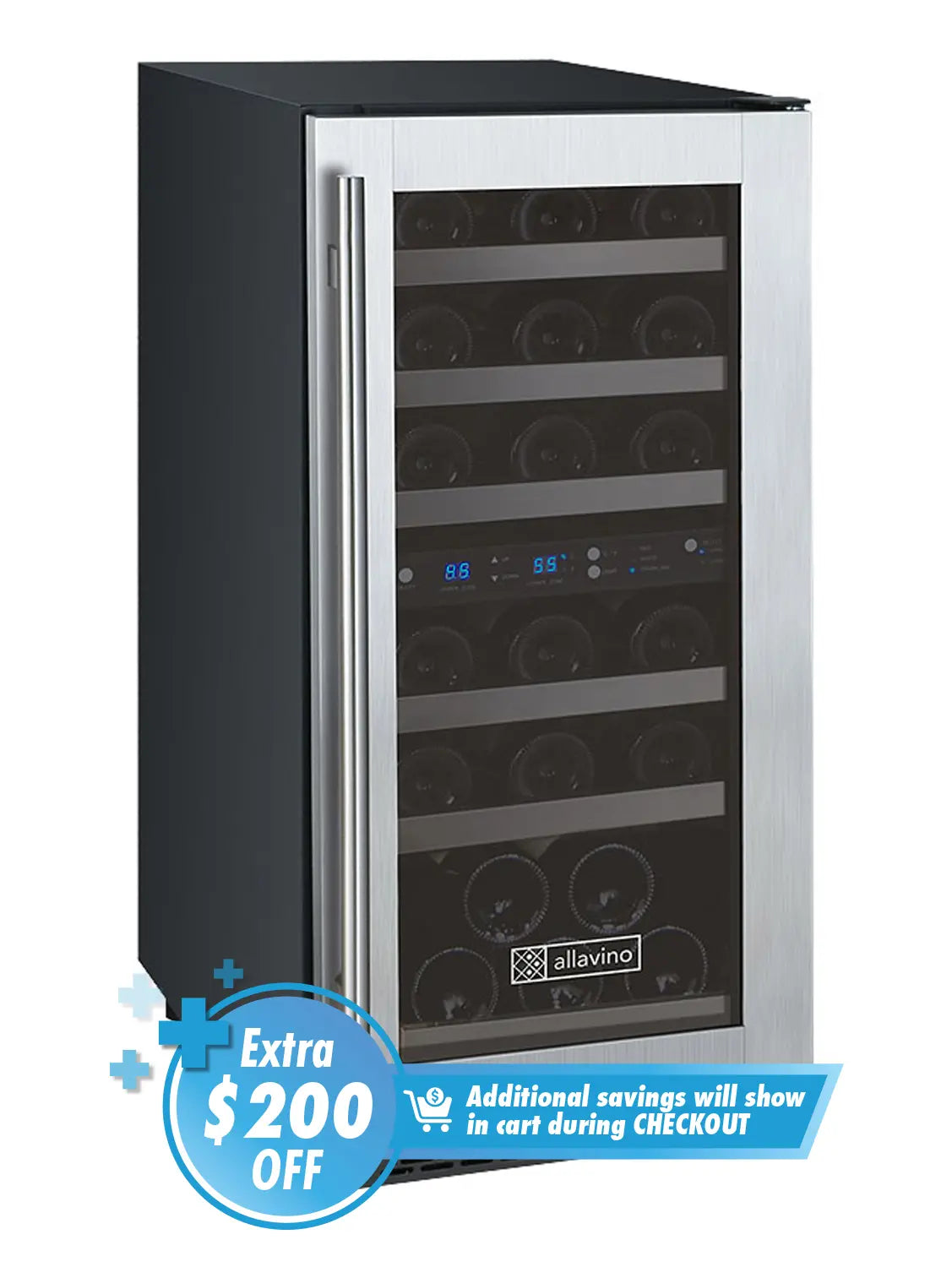 Allavino 15" Wide FlexCount II Tru-Vino 30 Bottle Dual Zone Stainless Steel Right Hinge Wine Refrigerator