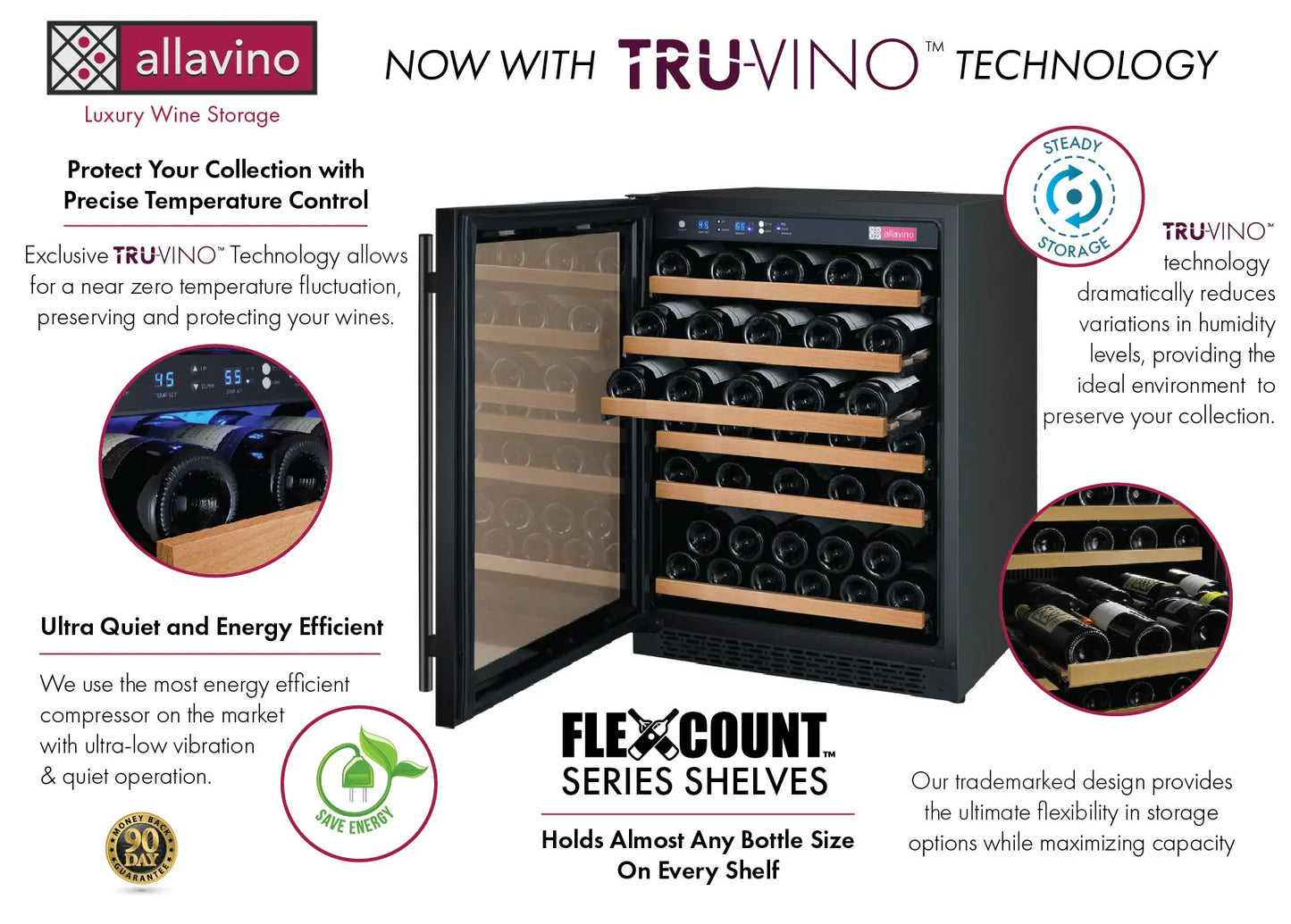 Allavino 24" Wide FlexCount II Tru-Vino 56 Bottle Single Zone Black Right Hinge Wine Refrigerator