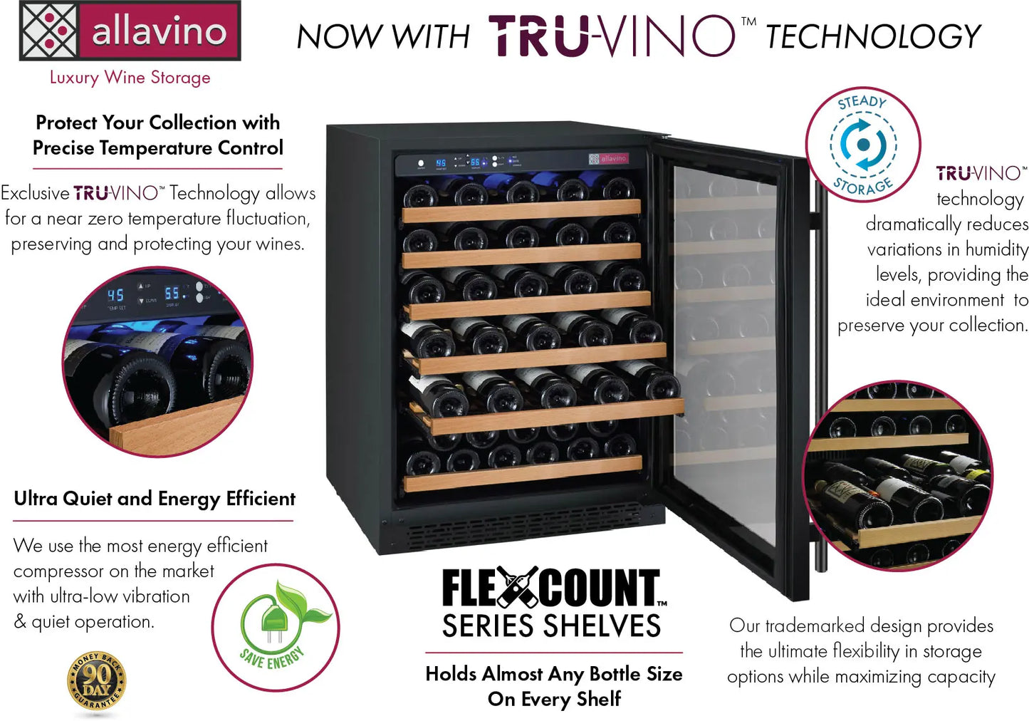 Allavino FlexCount Series 112 Bottle Three Zone built-in Side-by-Side Wine Refrigerators with Black Doors