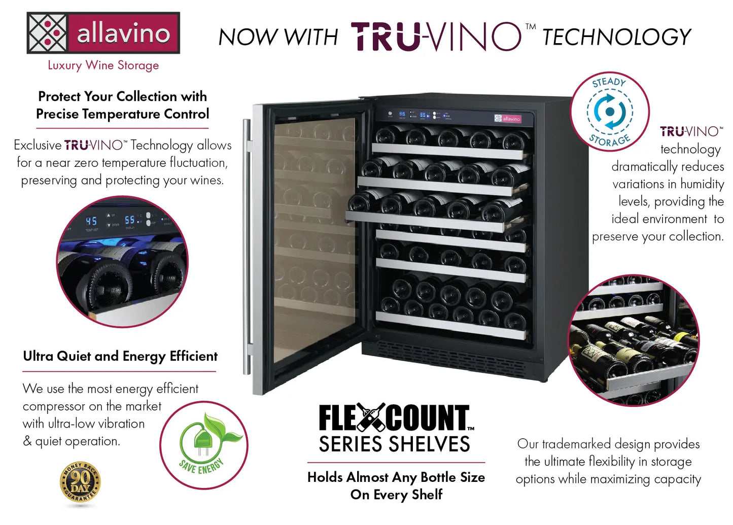 Allavino 24" Wide FlexCount II Tru-Vino Series 56 Bottle Single Zone Stainless Steel Left Hinge Wine Refrigerator