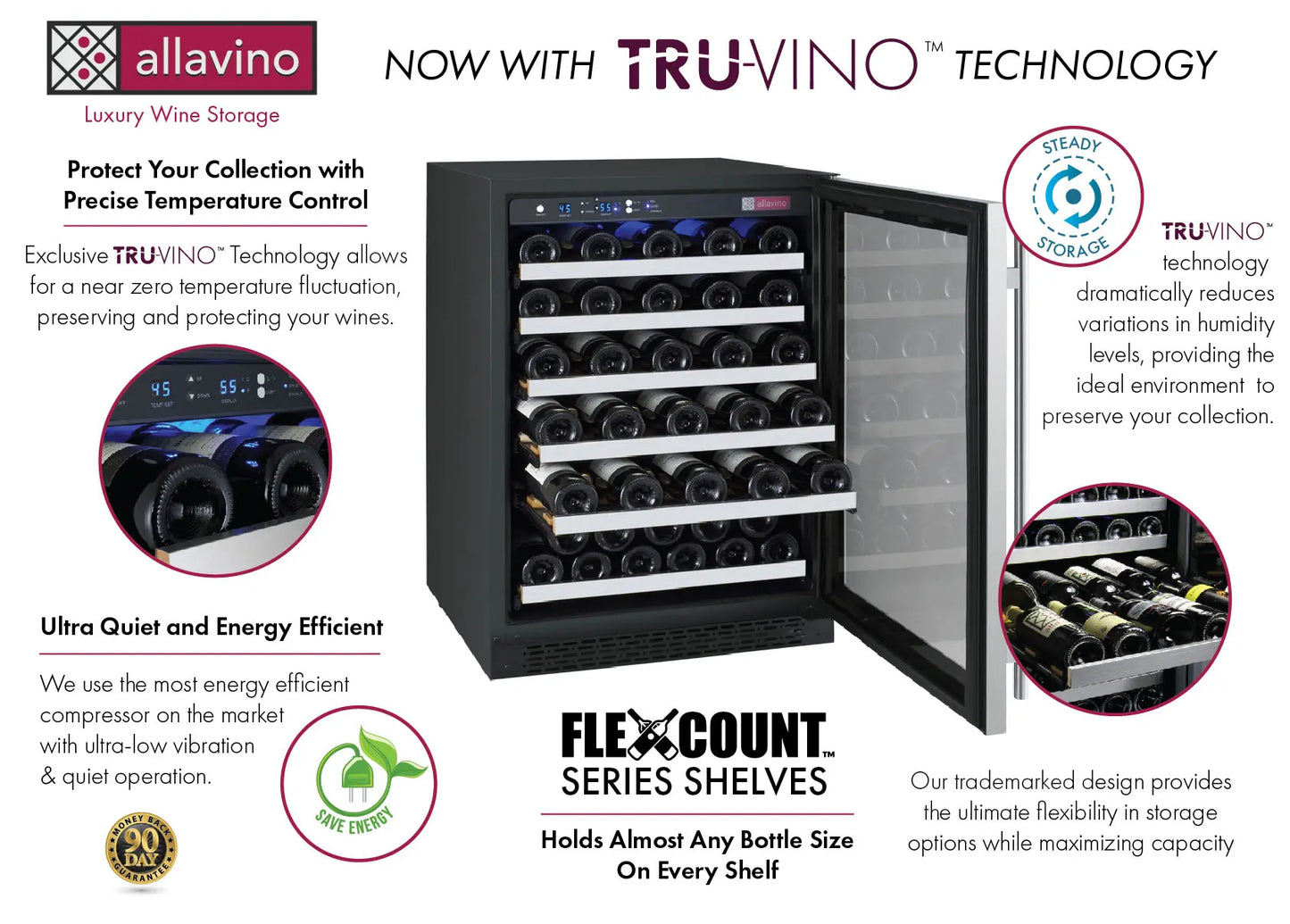 Allavino FlexCount Series 112 Bottle Three Zone Built-in Side-by-Side Wine Refrigerators with Stainless Steel Doors