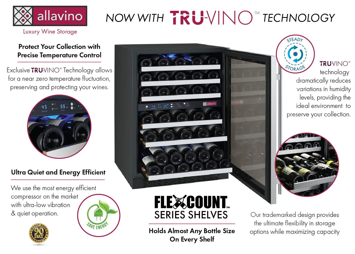 Allavino FlexCount Series 112 Bottle Four Zone Undercounter Side-by-Side Wine Refrigerators with Stainless Steel Doors