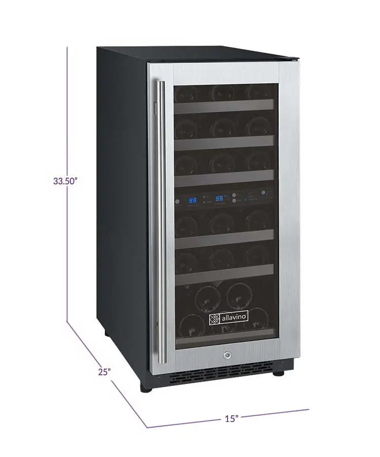 Allavino 15" Wide FlexCount II Tru-Vino 30 Bottle Dual Zone Stainless Steel Right Hinge Wine Refrigerator